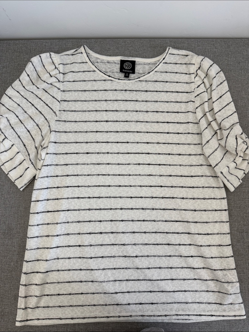 Bobeau Cream & Black Striped Puff-Sleeve Short Sleeve Tee